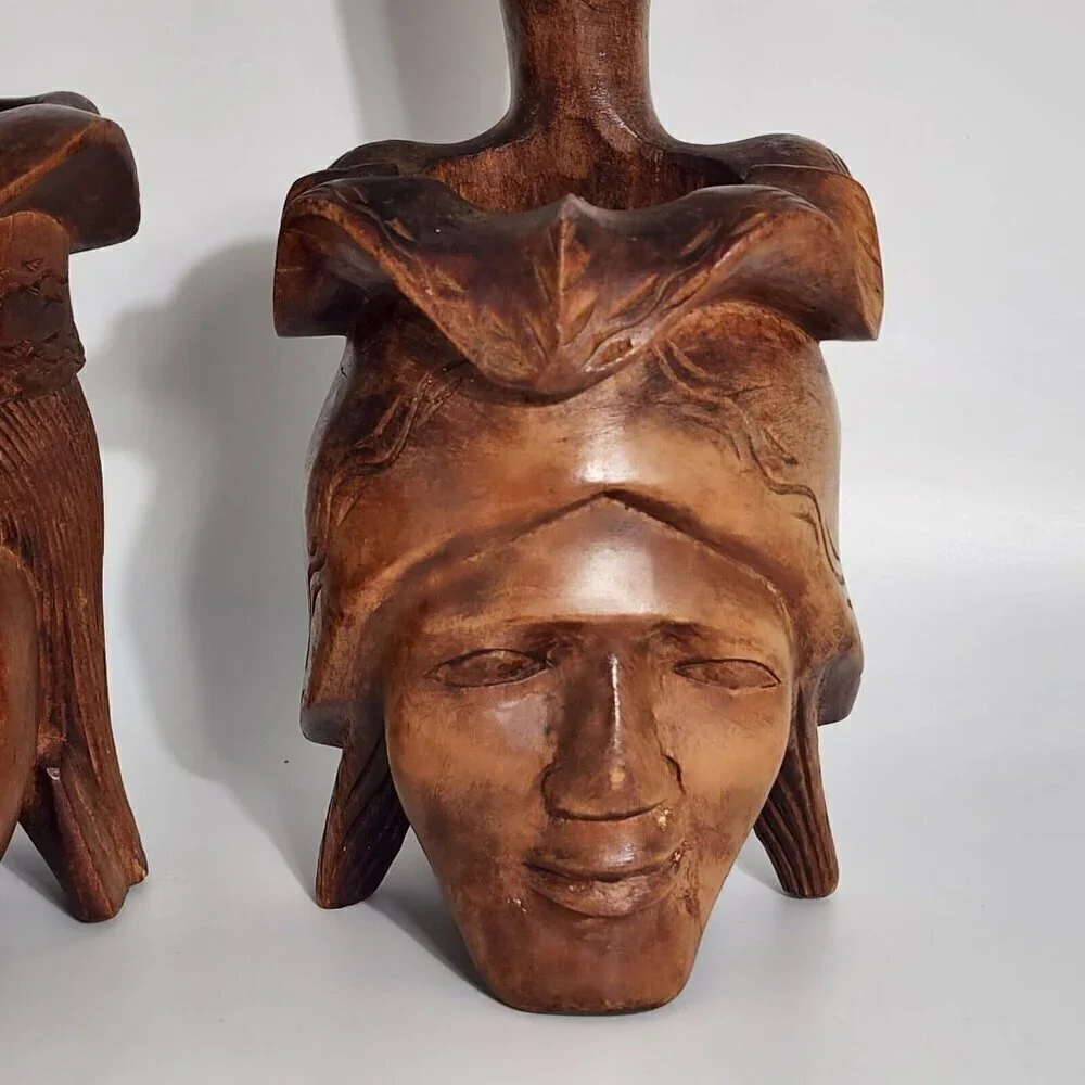 Polynesian Wood Carved Water Dipper Ladle 1960s Tribal Totem Africa Vintage 2Pcs